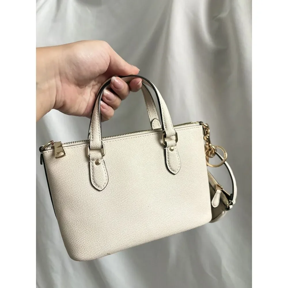 Coach Mini Gallery Bag Crossgrain Leather Chalk White with Pouch Charm and Strap